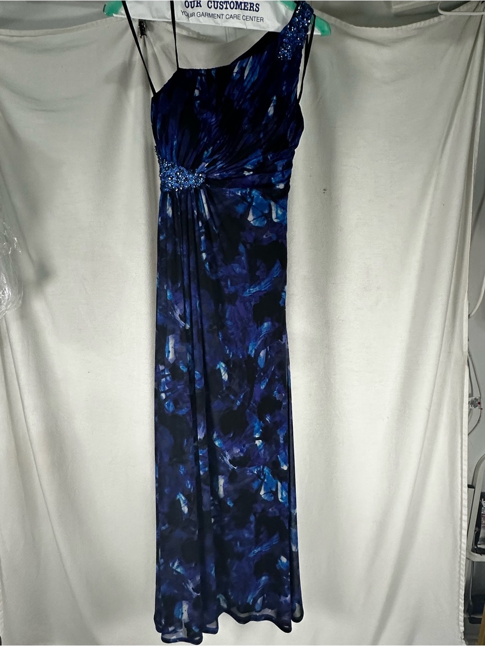 One-Shoulder Blue Print Evening Dress with Beaded Waist